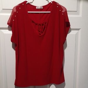 89th & Madison Red Blouse with Studded Shoulders